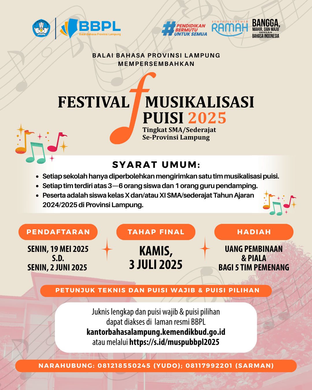  Balai Bahasa Provinsi Lampung Gagas Festival Musikalisasi Puisi Tingkat SMA/Sederajat 2025, Total Hadiah Rp16,5 Juta