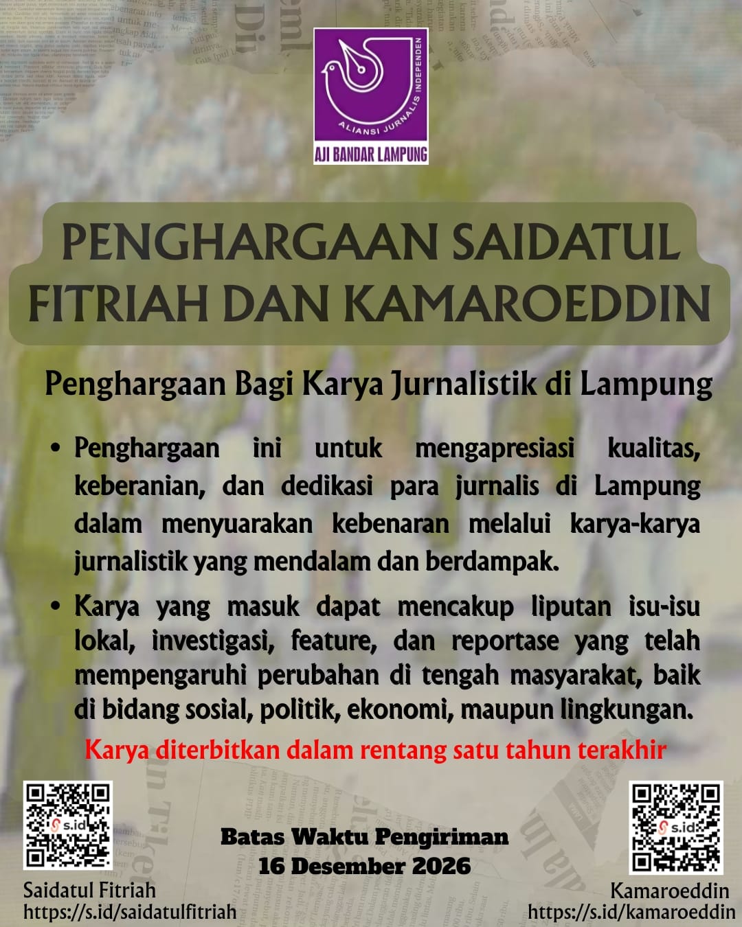  AJI Bandar Lampung Kembali Gelar Anugerah Saidatul Fitriah dan Kamaroeddin